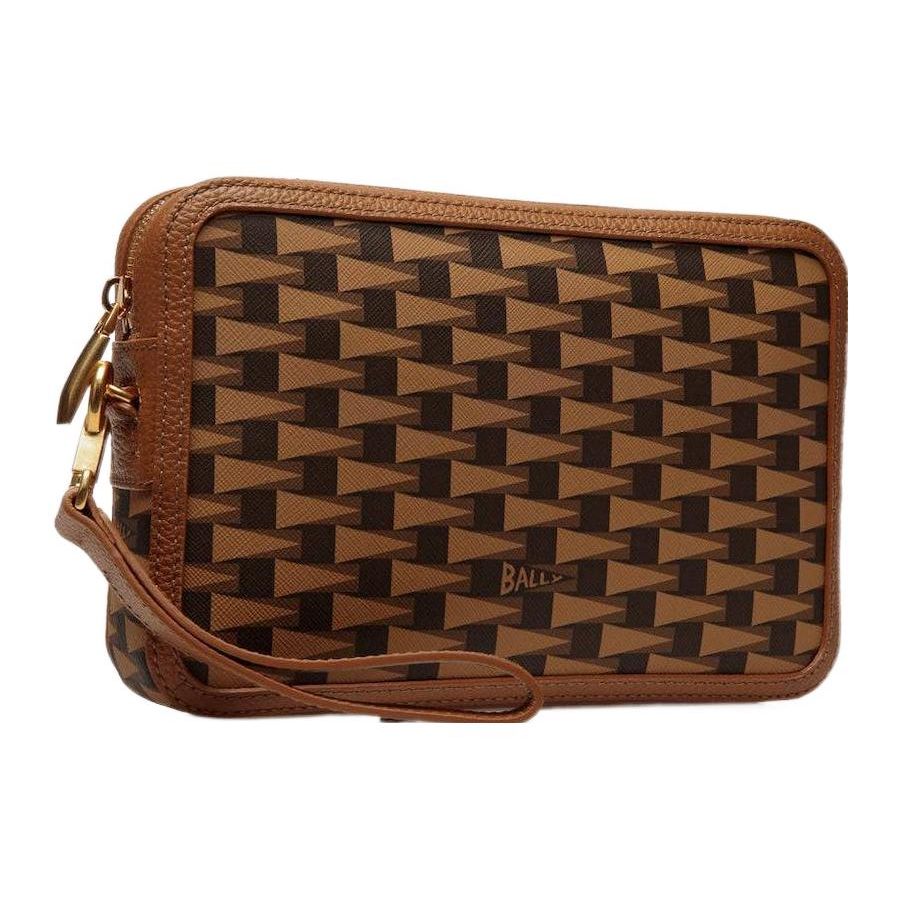 Bally Vintage Triangle Flag Print Zipper Clutch Leather Wristlet Men clutch Brown 6304859