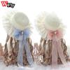 Harajuku Women Girls Summer Straw Hats Beach Sun Hat Sweet Lolita Princess Lace Bow Ribbon Straw Hat Ladies Sunhat Handmade