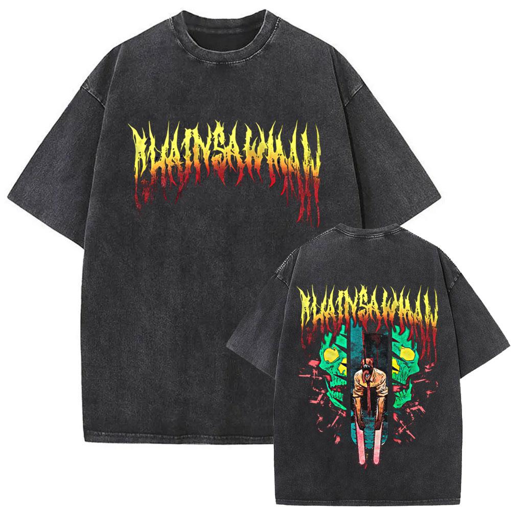 New Washed Vintage Anime Chainsaw Man Himeno Graphic Tshirt Men Women Casual Cotton Retro T Shirts Mens Cartoon Tshirts