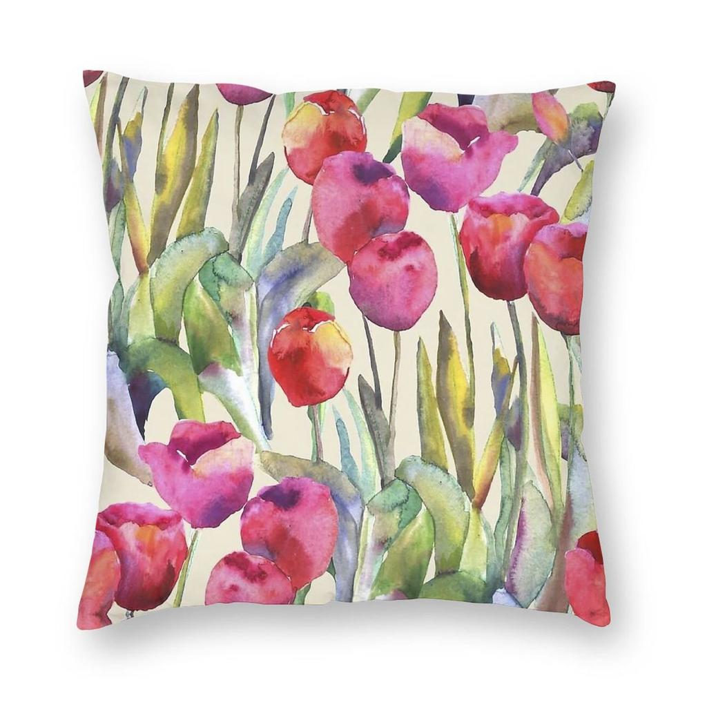 Watercolor Tulips Square Pillowcase Polyester Linen Velvet Pattern Zip Decorative Throw Pillow Case Home Cushion Cover Wholesale
