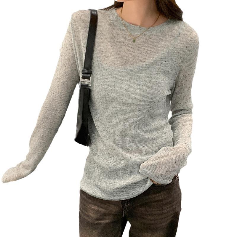 Mikrotransparent solbeskyttende T-skjorte for kvinner, langermet sommer løs tynn rund hals enkel strikket topp for kvinner