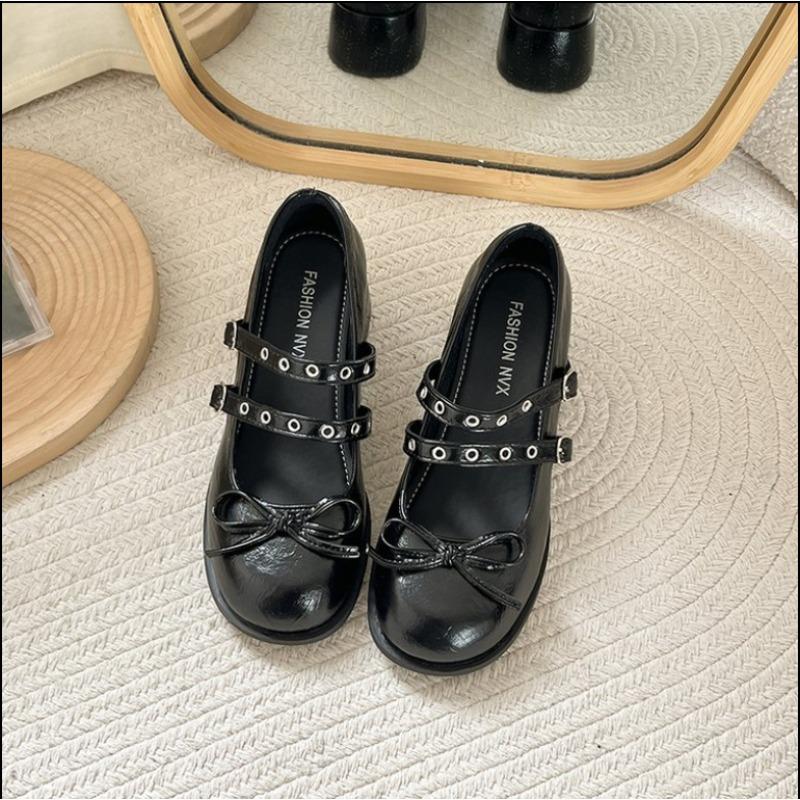 Fashion French Vintage Block Heel  Jane High Heels 2025 New Spring and Autumn Shallow Bow with Skirt Small Leather Shoes