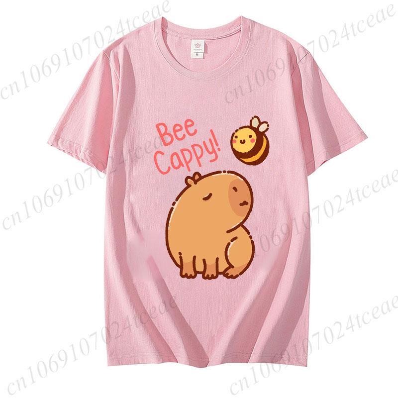 Cute Capybara Loves Bubble Tea Print Women Kids T-Shirt Summer Children's Short-sleeved Casual Pink Tops Adults Boys Girls Gifts