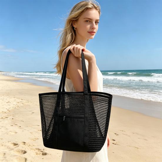 Mesh Beach Tote, Women Shoulder Bag, Sandproof Breathable Beach Bag with Zippered Pocket, Summer Travel Tote Bag for Holiday Daily Use