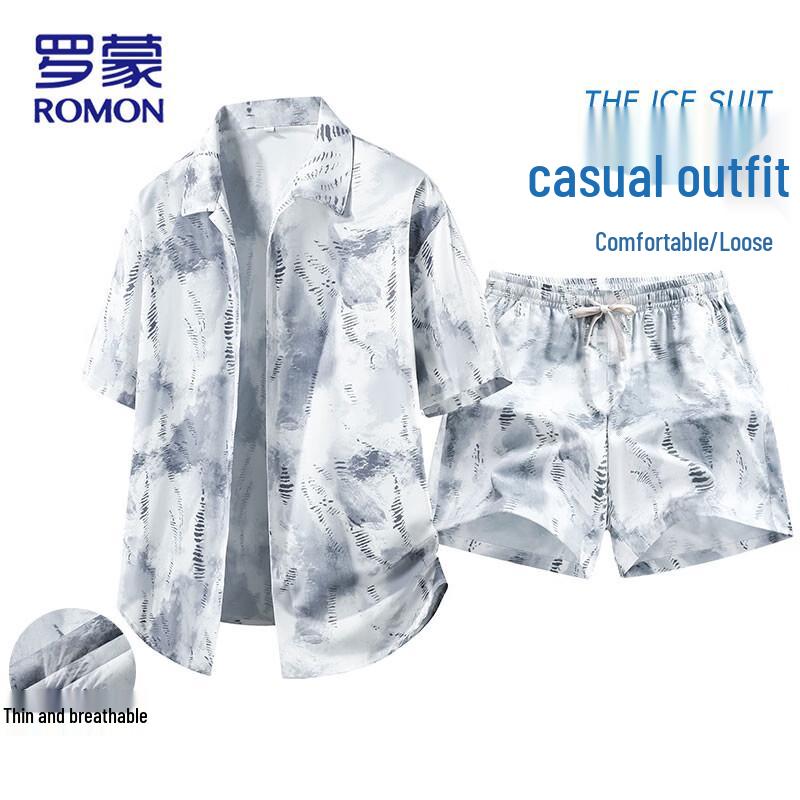 

ROMON Men s Casual Summer Shirt & Shorts Set L