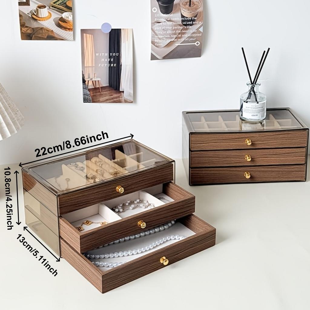 Walnut Wood Grain Jewelry Box, Necklace, Earring, and Decoration Box. 3-layer Jewelry Storage Box with Glass Windows