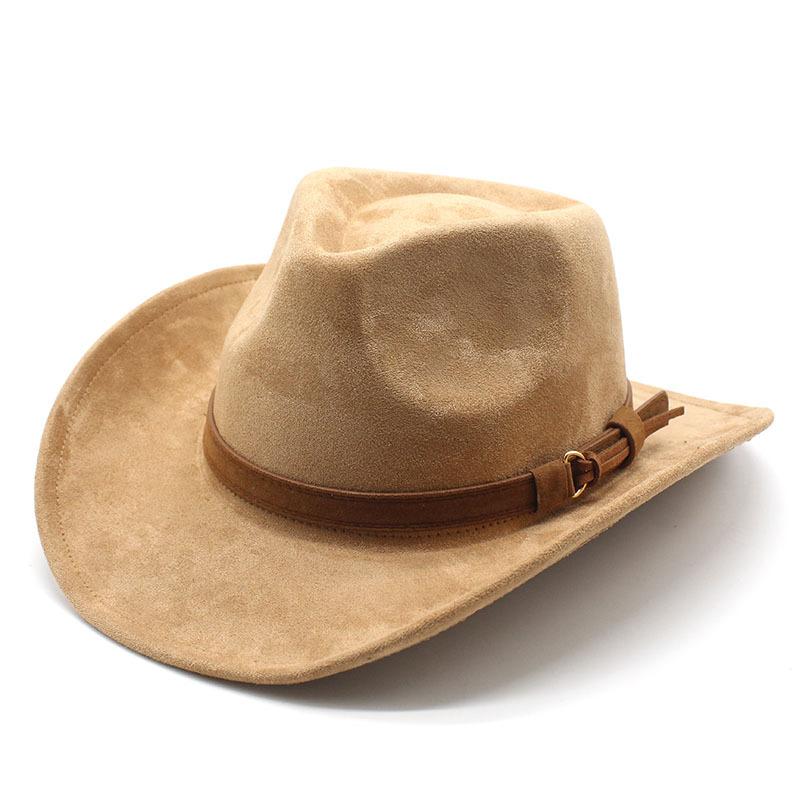 Women Men Suede Cowgirl Hats Vintage Wide Brim Western Hat with Belt