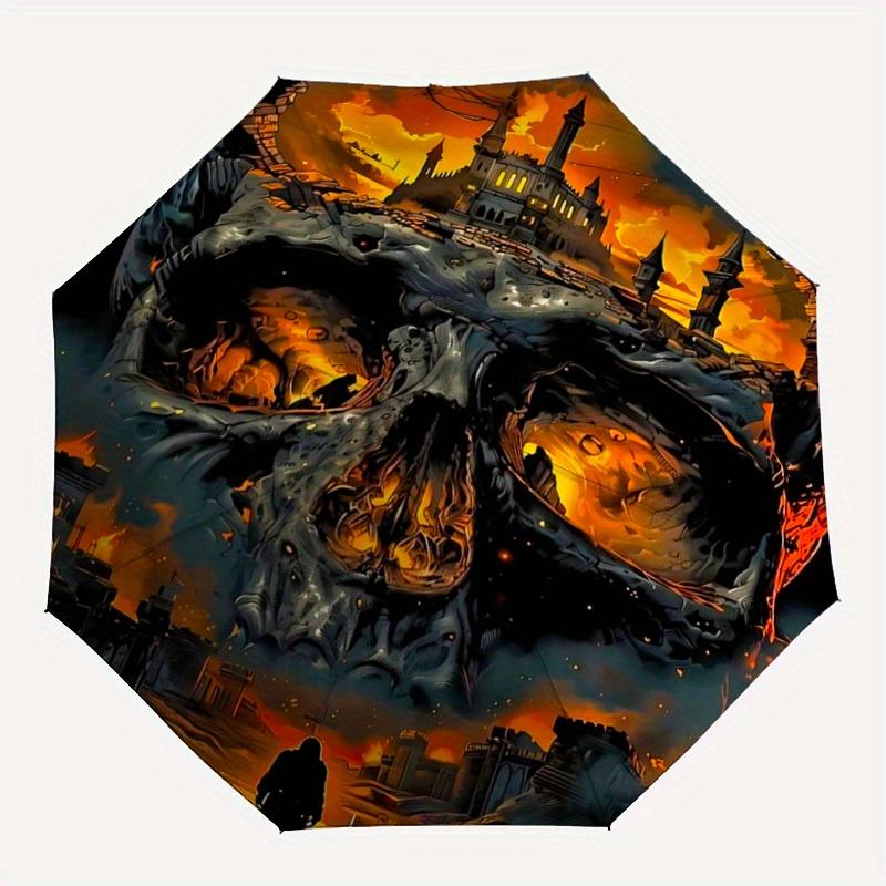 1pc Fiery Skull-Shaped Fortress Pattern Beautiful Looking Automatic Folding Umbrella, 3 Folding, 8 Iron Frame Design, Durable and Suitable for Tr