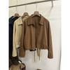 Women Cropped Suede Fabric Stand Collar Motorcycle Baseball Jacket Casual Loose Long Sleeve