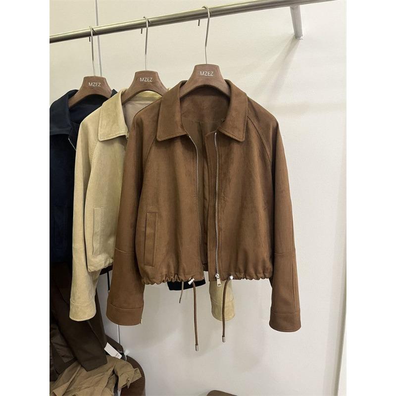 Women Cropped Suede Fabric Stand Collar Motorcycle Baseball Jacket Casual Loose Long Sleeve
