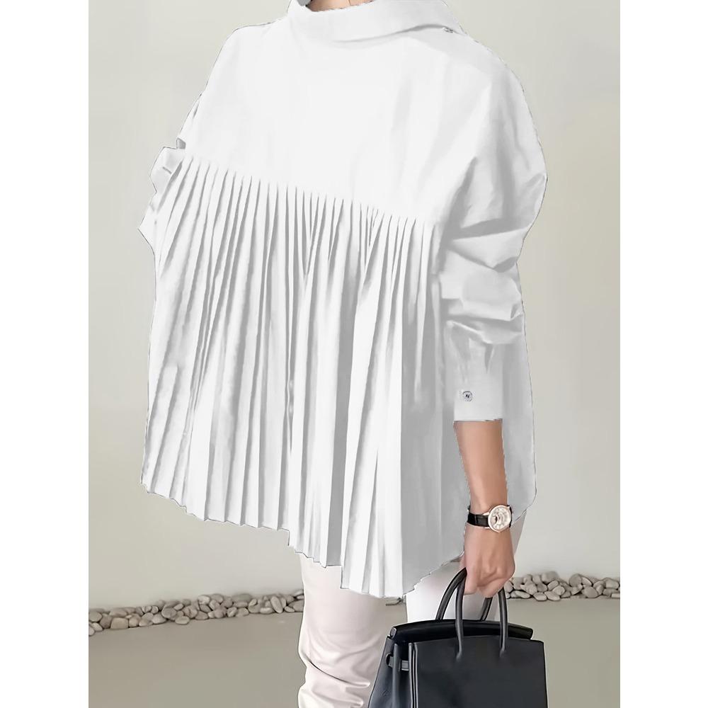 Dámská košile s klasickým límcem a dlouhým rukávem, oversized střih, jednobarevná, plisovaná, asymetrický lem, nadměrná velikost, ležérní, kancelářská halenka
