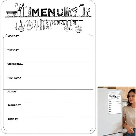 Magnetic Weekly Meal Planner for Refrigerator, 8x12'' Dry Erase Menu Board, Stain Resistant Whiteboard, Strong Magnetic Backing, Ideal for Families,