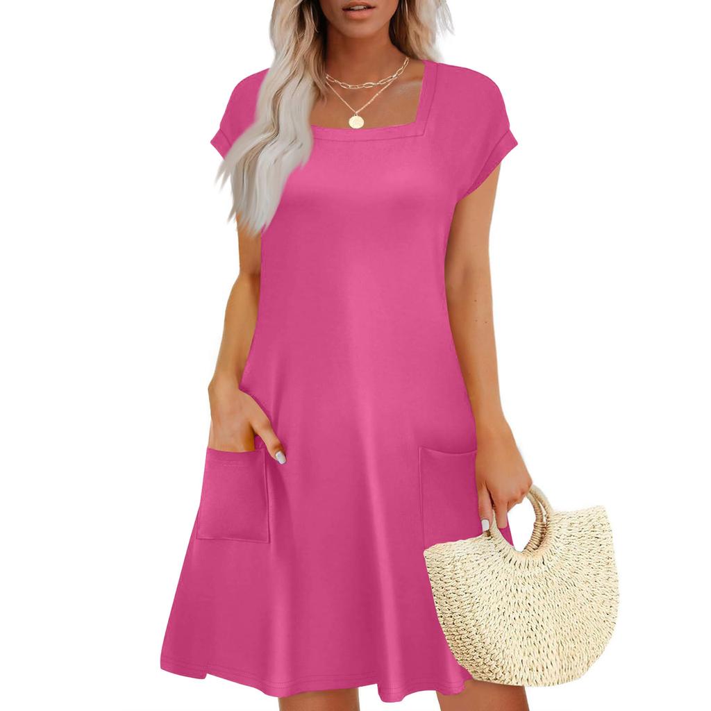 Summer Dresses for Women Loose Square Neck Cap Sleeve Casual Beach Vacation Tshirt Dress Sundresses with Pockets