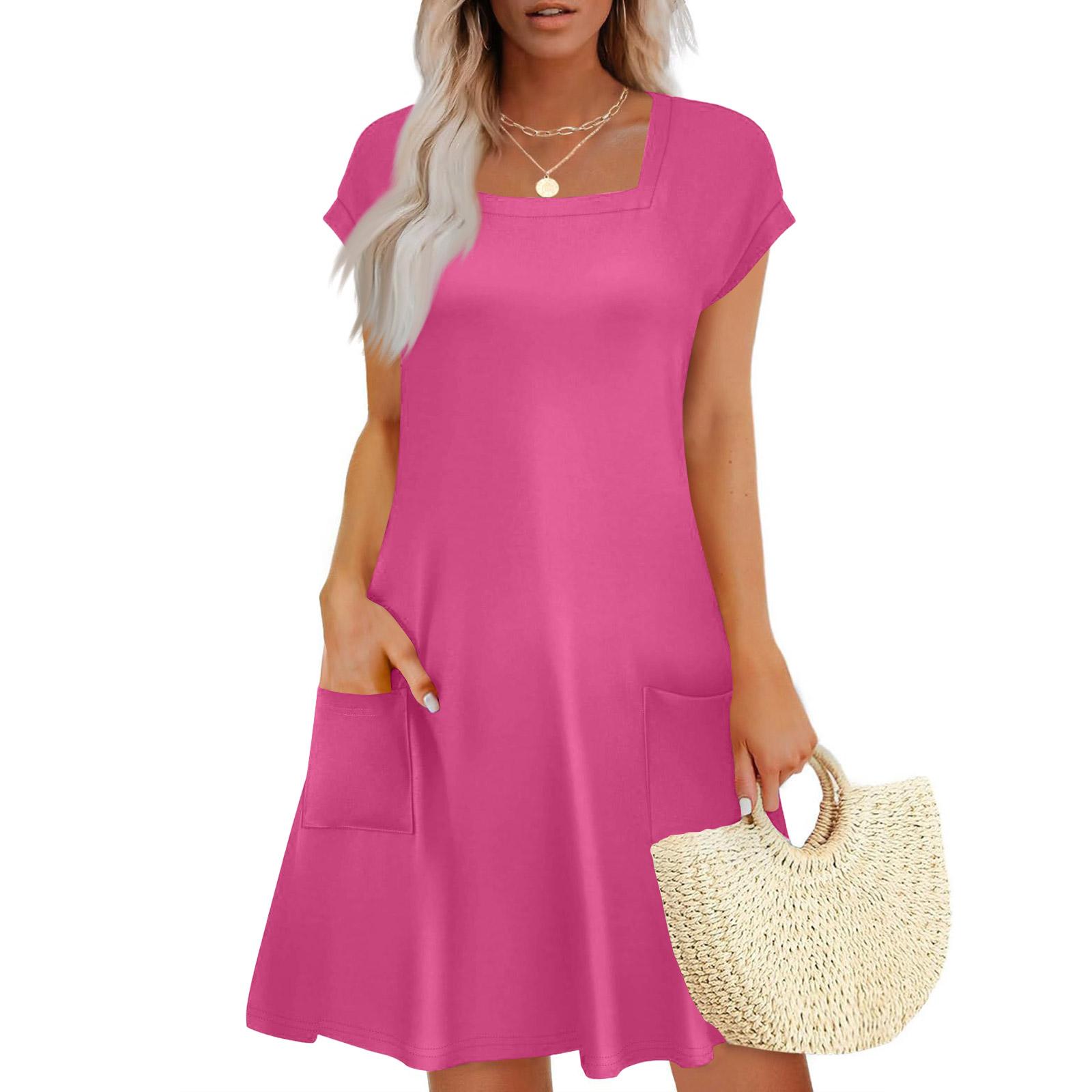 

Summer Dresses for Women Loose Square Neck Cap Sleeve Casual Beach Vacation Tshirt Dress Sundresses with Pockets M