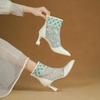 Krazing Pot Cow Skin Pointed Toe Summer Boots Fashion Air Mesh Bling Patch Appliques High Heels Embroidery Ankle Boots