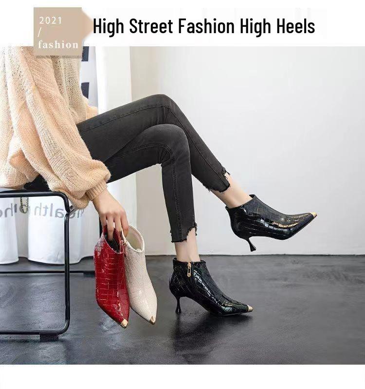 2025 Podzim/Zima Dámské Lakované Kožené Špičaté Kotníkové Kozačky na Stiletu - Všestranné Vysoké Podpatky
