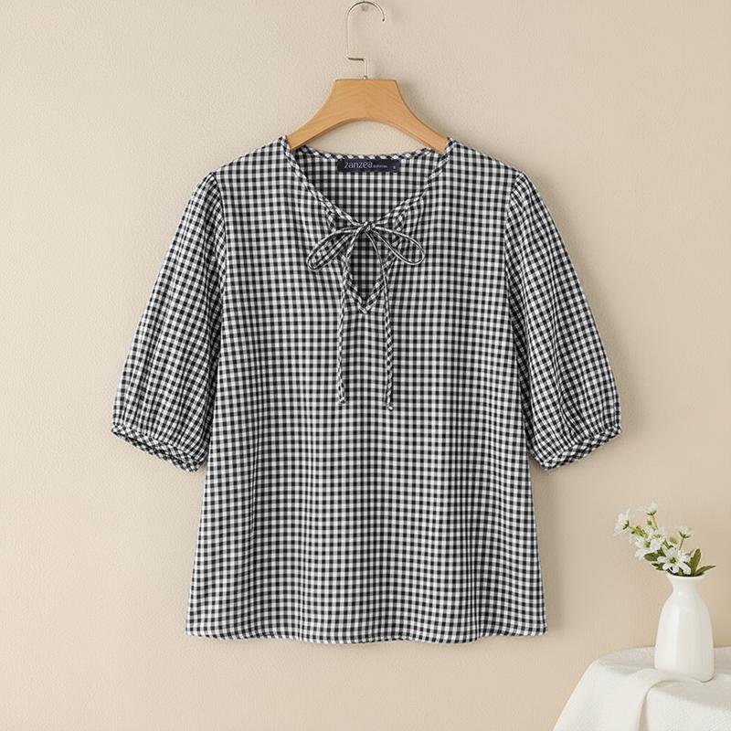 ZANZEA Women Plaid Print Casual Roujnd Neck 3/4 Sleeve Loose Blouse