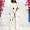 Women Plus Size White Printed Round Neck Long Sleeve Asymmetrical Top And Long Pants Two Piece Set
