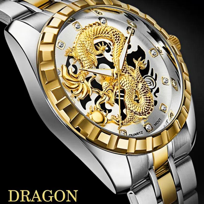 Fashionable Sun Wheel Golden Dragon Calendar Simple Watch Men's Business Steel Belt Watch