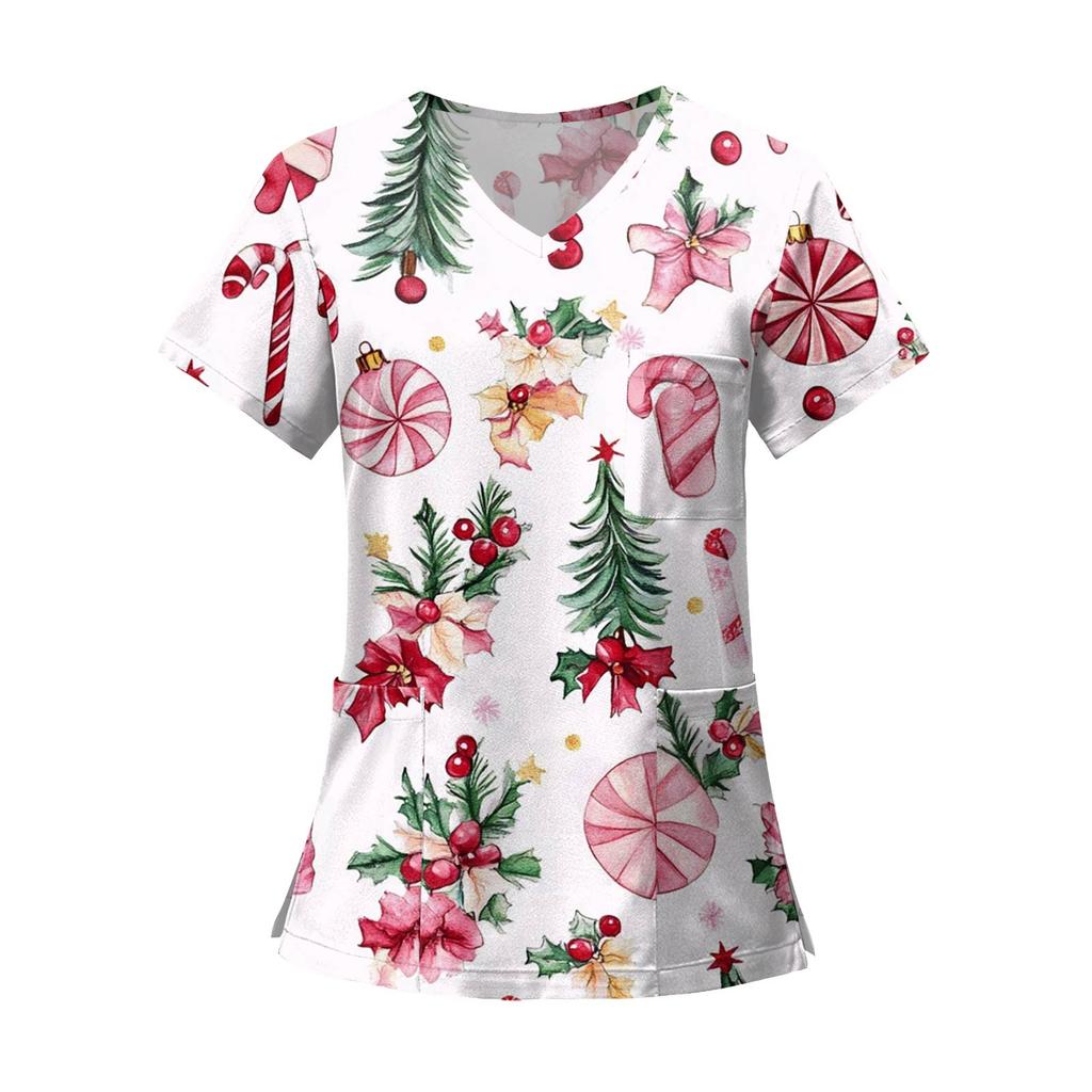 Women's Fashion Printed Short Sleeve V Neck Pattern Tops Pocket Working T-shirts