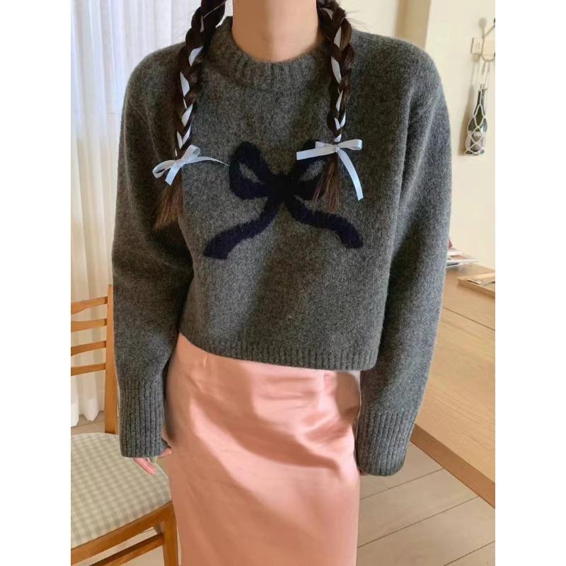 Autumn and winter cute girl feeling full of new loose versatile bow round neck knitted pullover sweater women