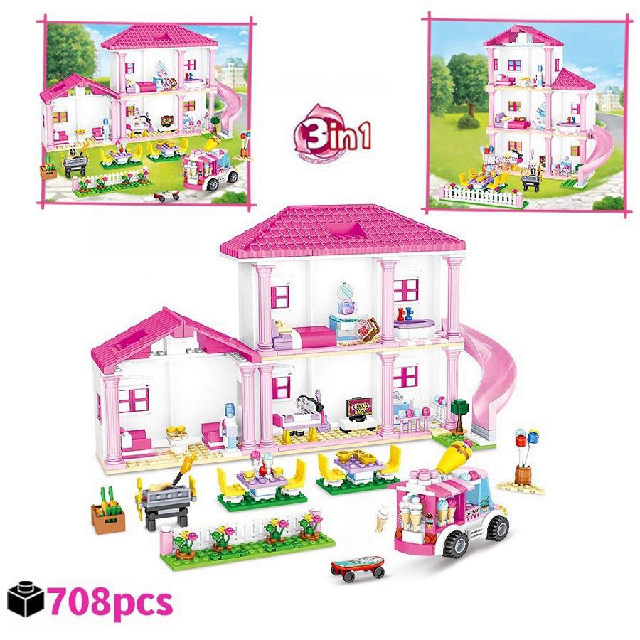 

708pcs Creative 3in1 Girl House Summer Holiday Villa Building Blocks DIY tabletop decoration birthday Christmas gifts For Kids no box