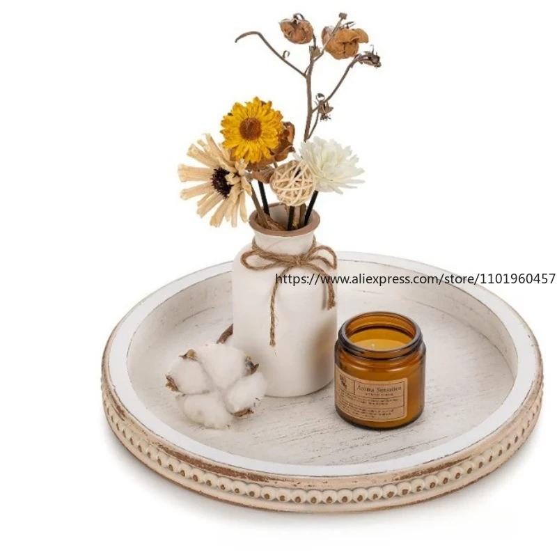 Hanobe Wood Decorative Tray Round White Washed Bead Tray for Coffee Table Rustic Wooden Trays Decor Farmhouse Kitchen Counter
