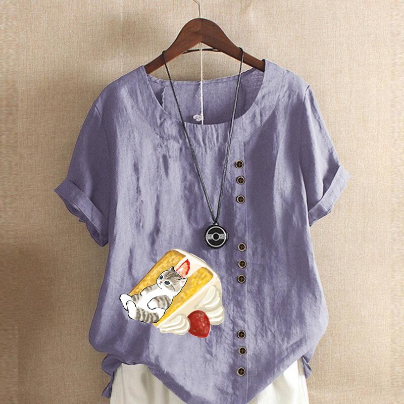 Women's Fashion Bread Cat Prined Short Sleeve T-shirt Loose Cotton Shirt Casual Loose Summer Blouse Tops Plus Size