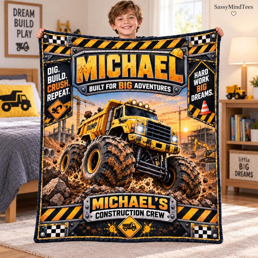 Personalized Construction Blanket for Boy, Custom Name Monster Truck Blanket, Dump Truck Excavator Blanket, Construction Birthday Gift