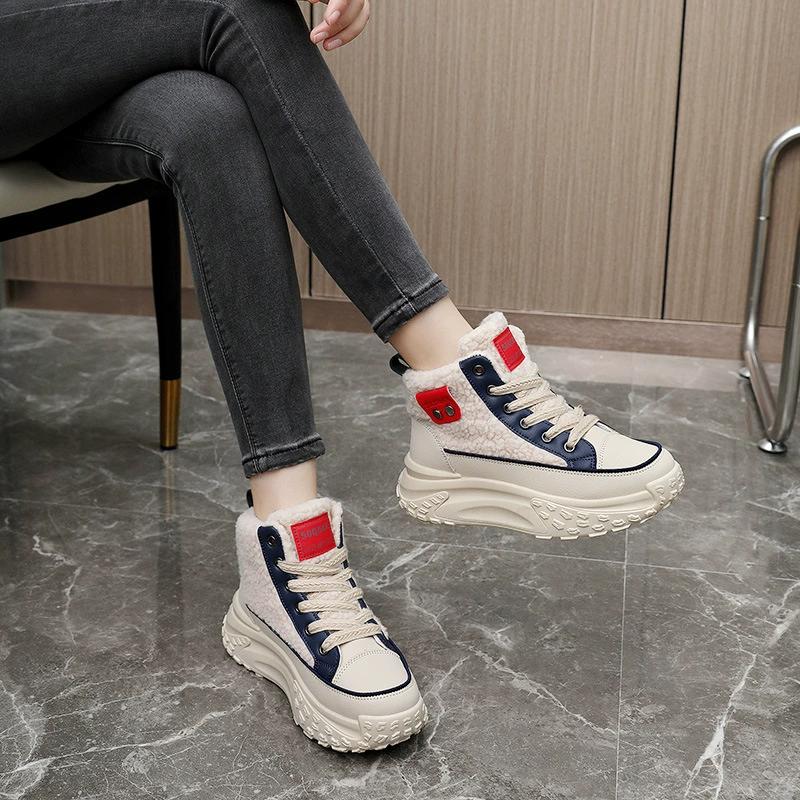 Women's Autumn Winter High Top Women's Shoes with Velvet Cotton Shoes for Warmth Lamb Fleece Thick Bottom Height Increasing Sports Cotton Shoes