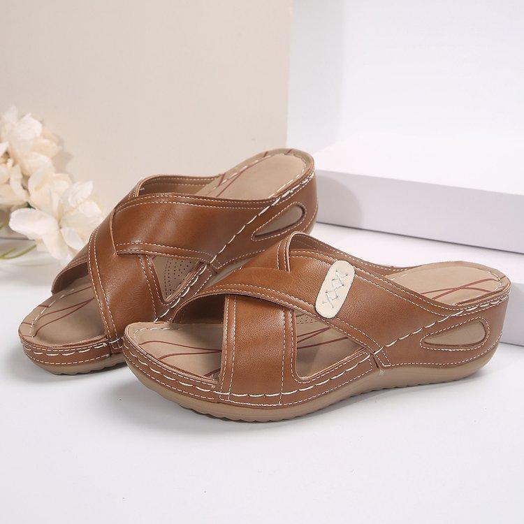 

Summer sandals women s retro wedge heel sewing line cross shoes slippers 43 коричневый