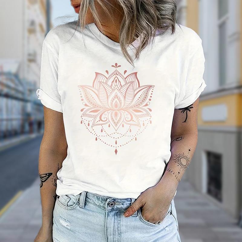 

Модна жіноча футболка з принтом квітів лотоса, смішна повсякденна футболка з круглим вирізом і короткими рукавами, літня жіноча футболка L