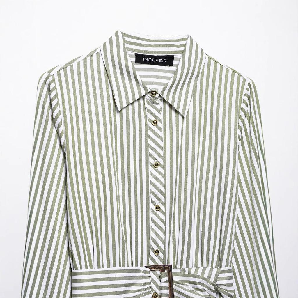 2025 Spring Women's European & American Striped Belted Midi Dress