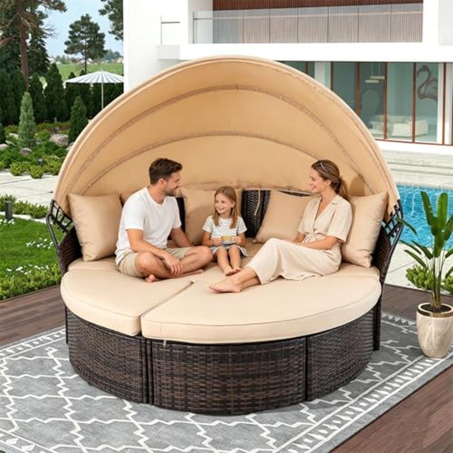Outdoor Patio Round Daybed with Retractable Canopy, Brown Wicker Furniture Sectional Couch with Washable Cushions, Backyard, Po