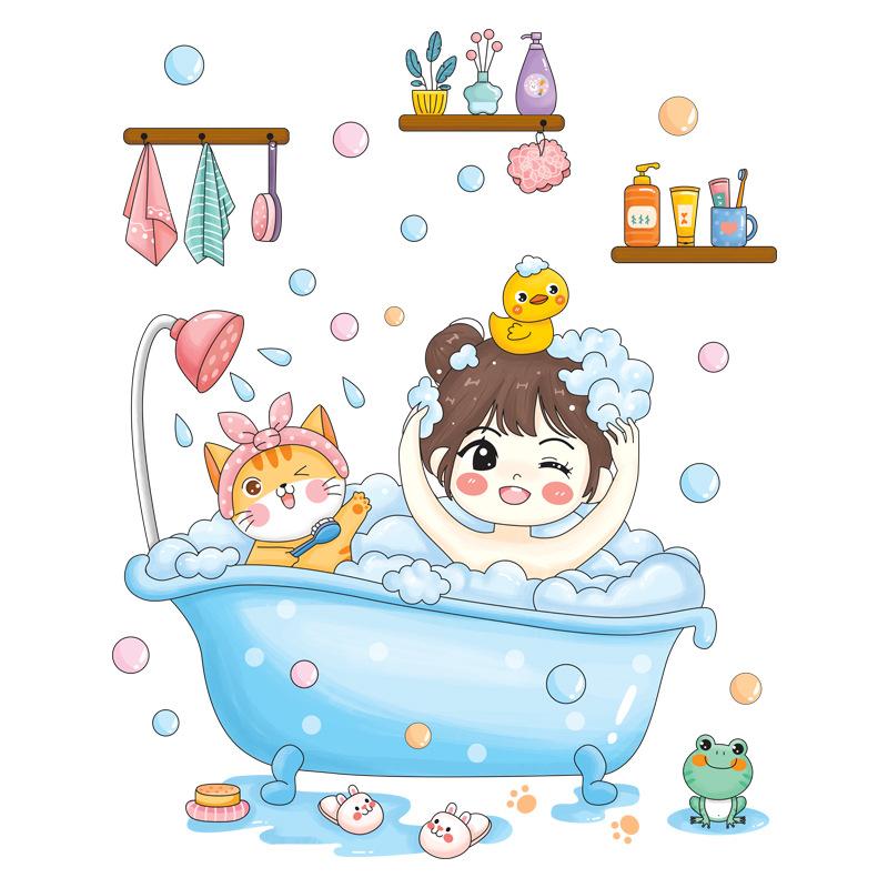 Cartoon Bathtub Bathroom Decorative Wall Stickers Self-adhesive Wall Stickers Waterproof Stickers Bathroom Stickers Creative Wall Surface