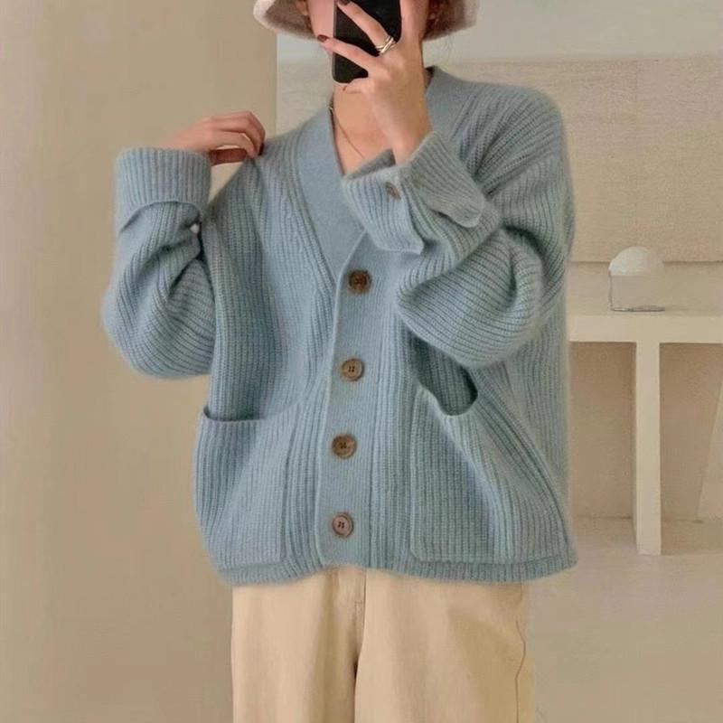 Women's Korean V-neck Knit Cardigan - Single-breasted, Loose Fit, Versatile Autumn/Winter Style