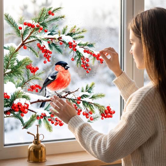Winter Atmosphere Decor Bullfinch And Red Berries Static Glass Sticker, Watercolor Bird Decal, Window Decals Removable PVC Cling for Home Store