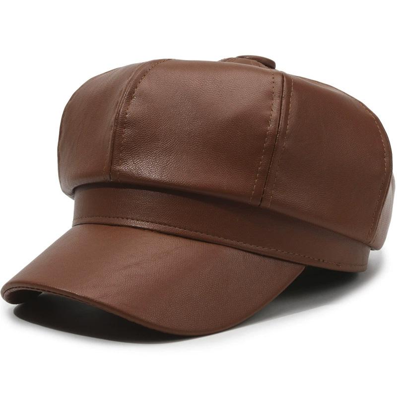1PC PU Leather Winter Fall Peaked Caps Adjustable Painter Hat New Berets Women Hat Solid Color Beret Octagon Slimming Face