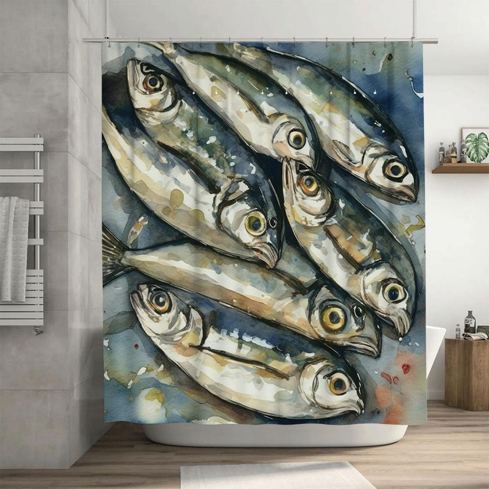 High-Quality Fish Painting Shower Curtain Waterproof Bathroom Decor Artistic Blue And White Print Home Decoration Wall Hanging