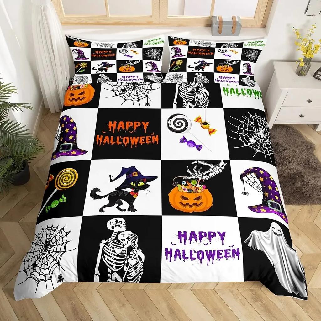 Katzenknochen-Bettwäscheset Full QueenHalloween Gothic Totenkopf Bettwäscheset SchwarzWeiß Galaxie Bettdeckenbezug Steppdeckenbezug