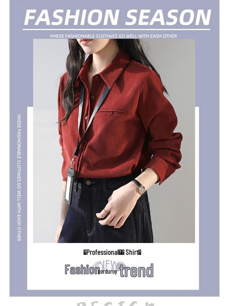Women's Retro Red Lapel Shirt - 2026 Spring/Autumn Brushed Long Sleeve Top