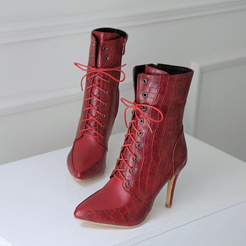 Sexy Women Boots Lace-Up Pointed Toe Pump Boots Women High Heel Shoes for Winter Custom Ladies Ankle Boots botines mujer WSH3681