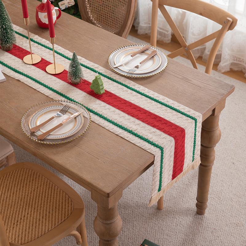 American Cotton Linen Table Runner, Natural Color with Tassels, Stripes, Diamonds, and Plaid Pattern for Dining Table or Sideboard Decoration.