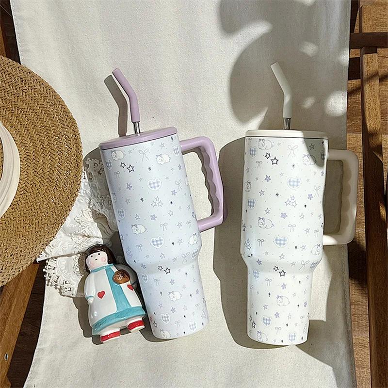 1.2L Bow Rabbit Ice Cup Thermos Bottle With Handle Straw Stainless Steel Insulated Tumbler Large Capacity Coffee Thermal Bottle