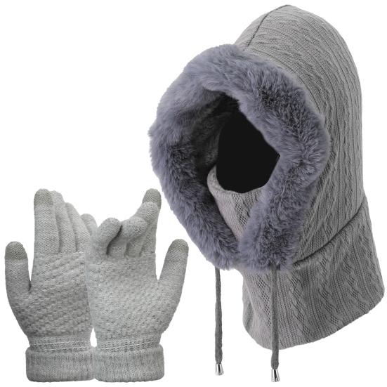 

3Pcs/Set Women Drawstring Beanie Hat Gloves Set, One Piece Slouchy Warm Fleece Lining Hooded Scarf, Winter Balaclava Pullover Knitted Hat Gloves Set сірий
