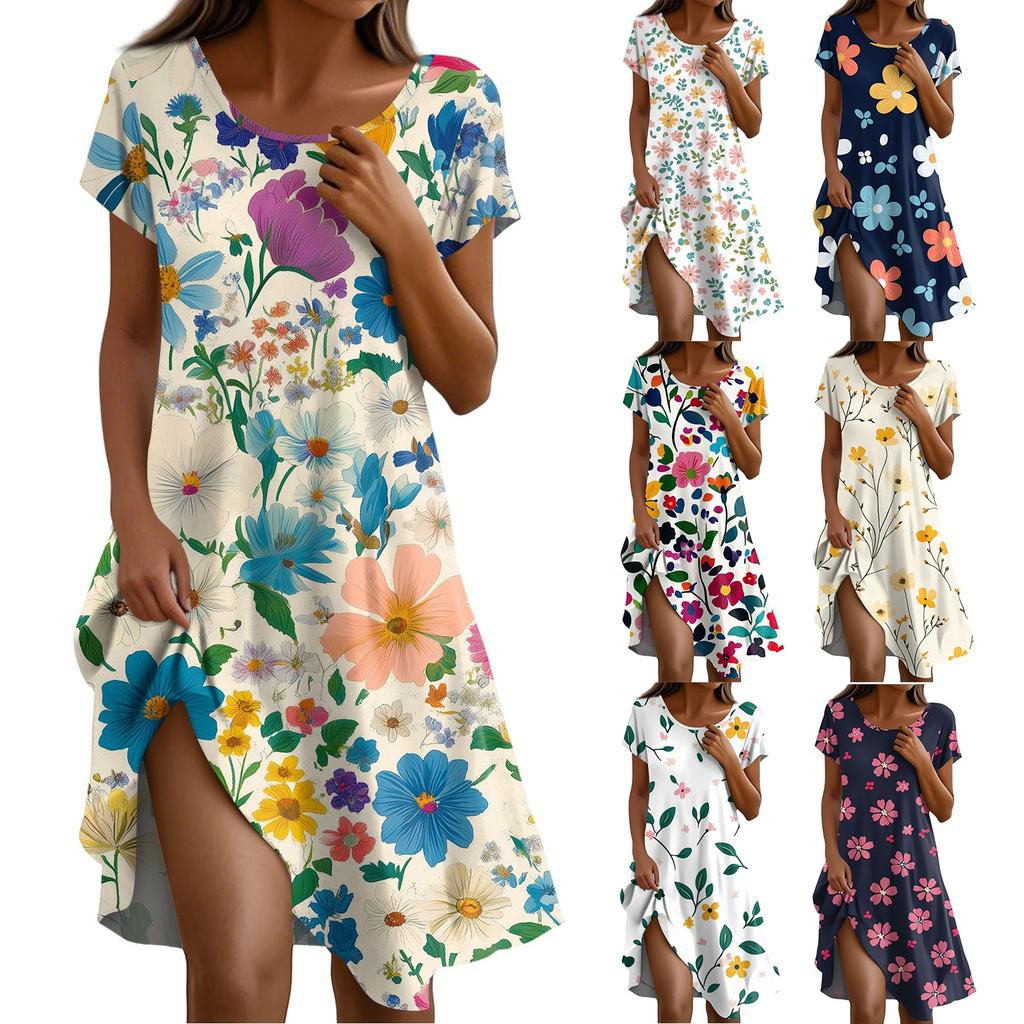 Short Sleeve Boho Dress For Women Casual Loose Fit Summer Sundress Floral Print Dress With Pockets