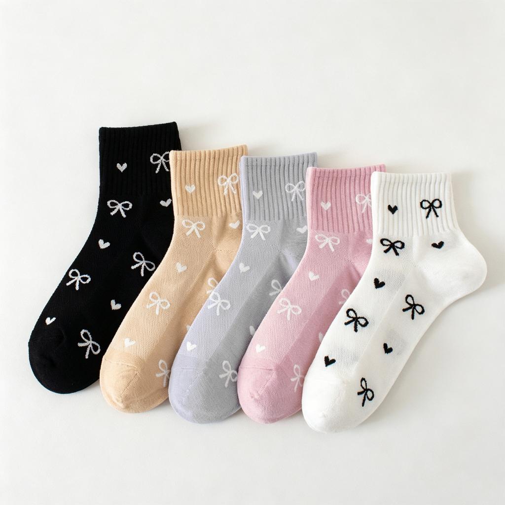 Xiaomi Women's everyday fitness socks, 5/10/20, featuring bow and heart patterns, perfect for autumn and winter commutes.