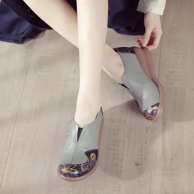 New Spring Style Sponge Cake Bottom Casual Women's Shoes Ethnic Style Genuine Leather Color-blocking Single Shoes To Increase Height and Comfort