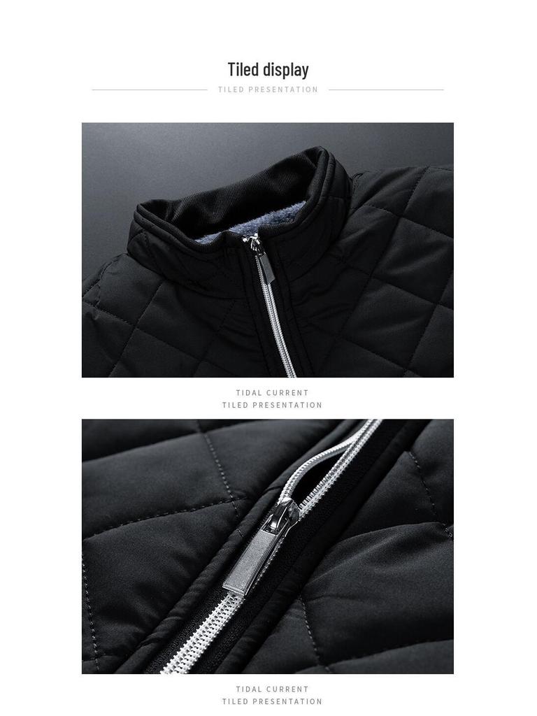 2024 Winter Men's Solid Color Quilted Stand Collar Cotton Jacket with Velvet Lining