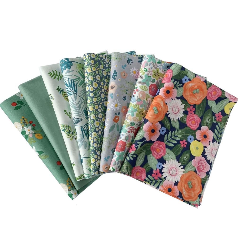 Floral Fabric Patchwork Cutting Nordic Cotton for DIY Green 8-Piece Set, 50x40cm, Fabric, Cloth, Scraps, Crafts,